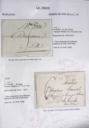 Ensemble de 59 plis du Havre et de Dieppe dont n°47 sur lettre, poste maritime, bureau d'Ingouville, Grasville, cachet rect d'essai rouge du Havre, fev 1828