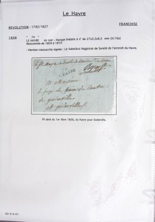 Ensemble de 59 plis du Havre et de Dieppe dont n°47 sur lettre, poste maritime, bureau d'Ingouville, Grasville, cachet rect d'essai rouge du Havre, fev 1828