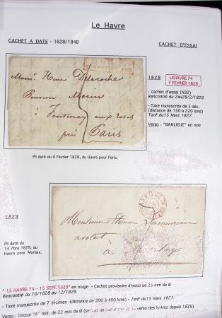 Ensemble de 59 plis du Havre et de Dieppe dont n°47 sur lettre, poste maritime, bureau d'Ingouville, Grasville, cachet rect d'essai rouge du Havre, fev 1828