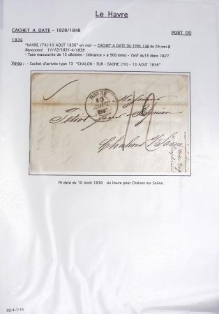 Ensemble de 59 plis du Havre et de Dieppe dont n°47 sur lettre, poste maritime, bureau d'Ingouville, Grasville, cachet rect d'essai rouge du Havre, fev 1828