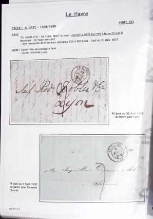 Ensemble de 59 plis du Havre et de Dieppe dont n°47 sur lettre, poste maritime, bureau d'Ingouville, Grasville, cachet rect d'essai rouge du Havre, fev 1828