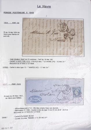 Ensemble de 59 plis du Havre et de Dieppe dont n°47 sur lettre, poste maritime, bureau d'Ingouville, Grasville, cachet rect d'essai rouge du Havre, fev 1828