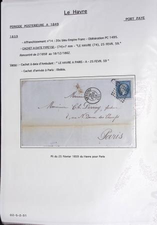 Ensemble de 59 plis du Havre et de Dieppe dont n°47 sur lettre, poste maritime, bureau d'Ingouville, Grasville, cachet rect d'essai rouge du Havre, fev 1828