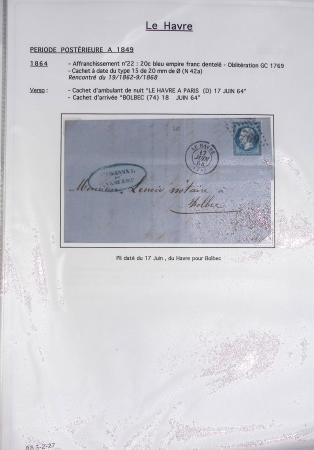 Ensemble de 59 plis du Havre et de Dieppe dont n°47 sur lettre, poste maritime, bureau d'Ingouville, Grasville, cachet rect d'essai rouge du Havre, fev 1828