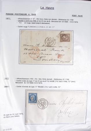 Ensemble de 59 plis du Havre et de Dieppe dont n°47 sur lettre, poste maritime, bureau d'Ingouville, Grasville, cachet rect d'essai rouge du Havre, fev 1828