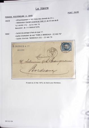 Ensemble de 59 plis du Havre et de Dieppe dont n°47 sur lettre, poste maritime, bureau d'Ingouville, Grasville, cachet rect d'essai rouge du Havre, fev 1828