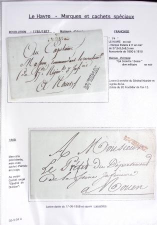 Ensemble de 59 plis du Havre et de Dieppe dont n°47 sur lettre, poste maritime, bureau d'Ingouville, Grasville, cachet rect d'essai rouge du Havre, fev 1828