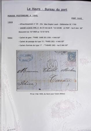 Ensemble de 59 plis du Havre et de Dieppe dont n°47 sur lettre, poste maritime, bureau d'Ingouville, Grasville, cachet rect d'essai rouge du Havre, fev 1828