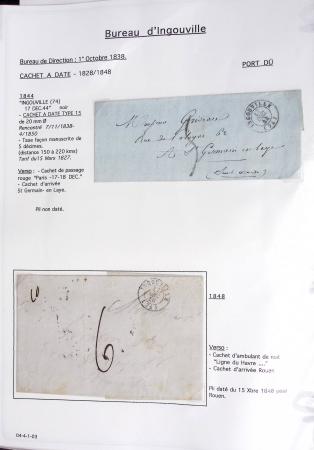 Ensemble de 59 plis du Havre et de Dieppe dont n°47 sur lettre, poste maritime, bureau d'Ingouville, Grasville, cachet rect d'essai rouge du Havre, fev 1828
