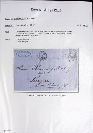 Ensemble de 59 plis du Havre et de Dieppe dont n°47 sur lettre, poste maritime, bureau d'Ingouville, Grasville, cachet rect d'essai rouge du Havre, fev 1828