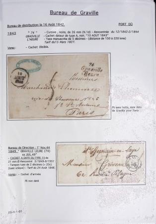Ensemble de 59 plis du Havre et de Dieppe dont n°47 sur lettre, poste maritime, bureau d'Ingouville, Grasville, cachet rect d'essai rouge du Havre, fev 1828