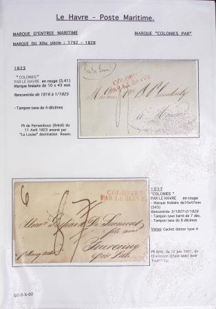 Ensemble de 59 plis du Havre et de Dieppe dont n°47 sur lettre, poste maritime, bureau d'Ingouville, Grasville, cachet rect d'essai rouge du Havre, fev 1828