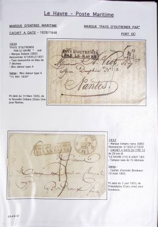 Ensemble de 59 plis du Havre et de Dieppe dont n°47 sur lettre, poste maritime, bureau d'Ingouville, Grasville, cachet rect d'essai rouge du Havre, fev 1828