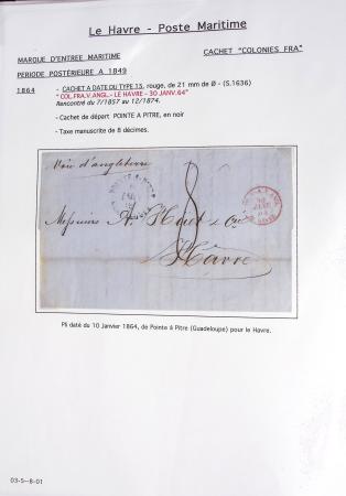 Ensemble de 59 plis du Havre et de Dieppe dont n°47 sur lettre, poste maritime, bureau d'Ingouville, Grasville, cachet rect d'essai rouge du Havre, fev 1828