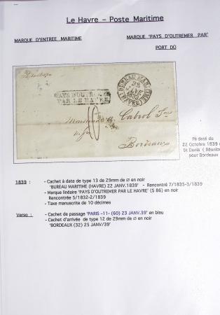 Ensemble de 59 plis du Havre et de Dieppe dont n°47 sur lettre, poste maritime, bureau d'Ingouville, Grasville, cachet rect d'essai rouge du Havre, fev 1828