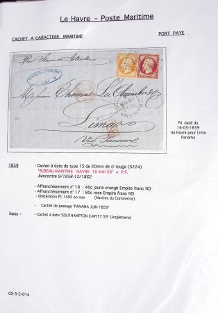 Ensemble de 59 plis du Havre et de Dieppe dont n°47 sur lettre, poste maritime, bureau d'Ingouville, Grasville, cachet rect d'essai rouge du Havre, fev 1828