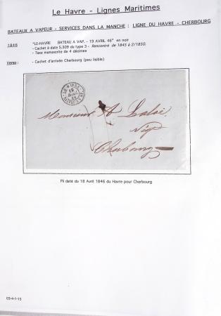 Ensemble de 59 plis du Havre et de Dieppe dont n°47 sur lettre, poste maritime, bureau d'Ingouville, Grasville, cachet rect d'essai rouge du Havre, fev 1828