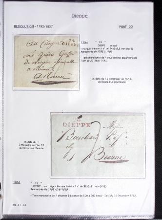 Ensemble de 59 plis du Havre et de Dieppe dont n°47 sur lettre, poste maritime, bureau d'Ingouville, Grasville, cachet rect d'essai rouge du Havre, fev 1828