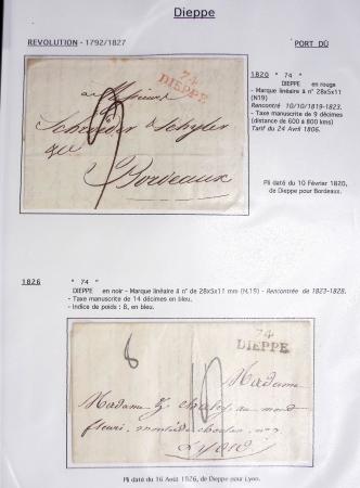 Ensemble de 59 plis du Havre et de Dieppe dont n°47 sur lettre, poste maritime, bureau d'Ingouville, Grasville, cachet rect d'essai rouge du Havre, fev 1828