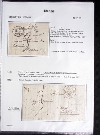 Ensemble de 59 plis du Havre et de Dieppe dont n°47 sur lettre, poste maritime, bureau d'Ingouville, Grasville, cachet rect d'essai rouge du Havre, fev 1828