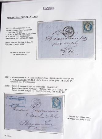 Ensemble de 59 plis du Havre et de Dieppe dont n°47 sur lettre, poste maritime, bureau d'Ingouville, Grasville, cachet rect d'essai rouge du Havre, fev 1828