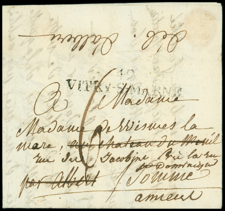 Lettre avec au recto MP "49 Vitry-s-Marne" et au verso marque manuscrite "Deb d'Albert", ind 18. TB