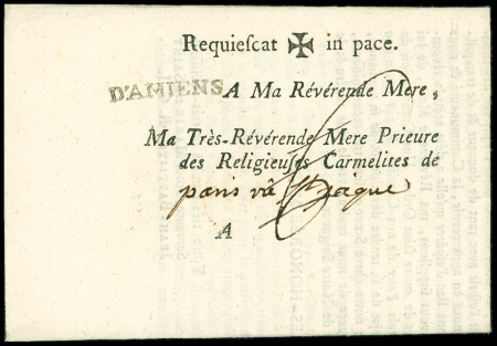 Franchise du monastère du Saint Esprit des Carmélites d'Amiens avec MP "D'Amiens" (L n°18). TB