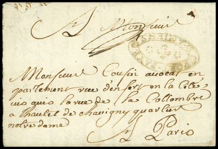 "Port payé d'Amiens" avec fleur de lys, cachet ovale orné de 33x18mm (Lenain n°26 - 1776). RR, TB