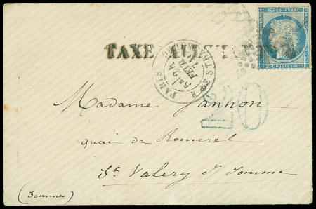 N°37 OBL étoile 14 + CAD "Paris R. de Strasbourg" (21 fev 71) sur lettre pour Saint Valery sur Somme avec grande marque d'Amiens "taxe allemande" (62mm) + taxe 20 double. Trait en bleu, ind 22