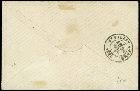 N°37 OBL étoile 14 + CAD "Paris R. de Strasbourg" (21 fev 71) sur lettre pour Saint Valery sur Somme avec grande marque d'Amiens "taxe allemande" (62mm) + taxe 20 double. Trait en bleu, ind 22
