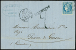 N°45, touché, OBL PC du GC 1 + T17 Abbeville (18 mars 71) sur lettre avec petite marque "taxe allemande" d'Abbeville (50mm) + taxe 2 tampon façon manuscrite, ind 19. TB