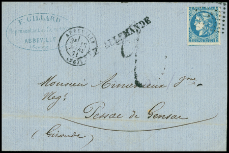 N°45, touché, OBL PC du GC 1 + T17 Abbeville (18 mars 71) sur lettre avec petite marque "taxe allemande" d'Abbeville (50mm) + taxe 2 tampon façon manuscrite, ind 19. TB