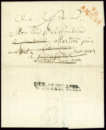 Lettre avec MP rouge "76 Amiens" avec au verso MP noire "Deb de Doullens" (27x11mm) (1816), ind 20
