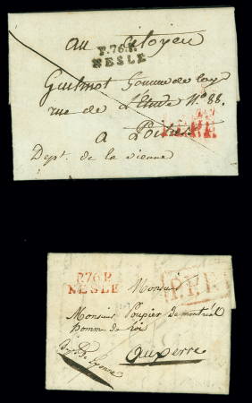 MP "P 76 P Nesle" (An 6, ind 15) noir et 1819 (rouge, ind 19). Bel ensemble