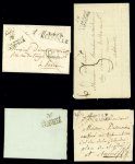 4 plis d'Abbeville avec cursives : MP "P 76 P Abbeville" + double cursive "76 Oisemont Abbeville" (1820) - double cursive "76 Oisemont Abbeville" - MP "P 76 P Airaines" + double cursive "76 Oisemont Airaines" (1825)