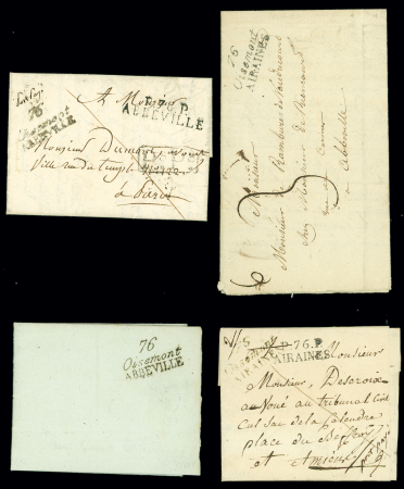 4 plis d'Abbeville avec cursives : MP "P 76 P Abbeville" + double cursive "76 Oisemont Abbeville" (1820) - double cursive "76 Oisemont Abbeville" - MP "P 76  P Airaines" + double cursive "76 Oisemont Airaines" (1825)