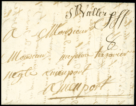 Marque manuscrite "St Valery SS" (1752 - L n°1) sur lettre pour Nieuport (Belgique), ind 18. TB