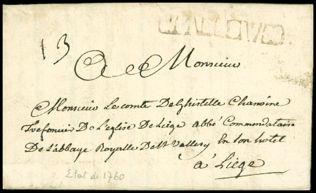 MP au tampon "S Valery S.S" (état d'usure en 1760), sur lettre pour Liège, ind 22. TB
