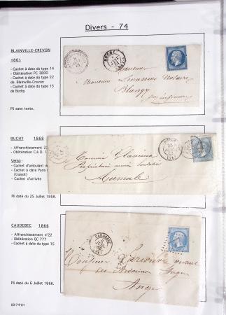 Seine Inférieure : 25 lettres dont cursives "74 Auffay", "74 Bellencombre", "74 Les Grandes ventes" (2 diff), "74 Londinières", "74 Motteville", "74 St Victor l'Abbaye". TB