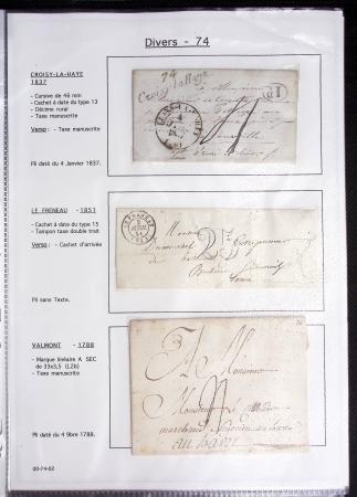 Seine Inférieure : 25 lettres dont cursives "74 Auffay", "74 Bellencombre", "74 Les Grandes ventes" (2 diff), "74 Londinières", "74 Motteville", "74 St Victor l'Abbaye". TB