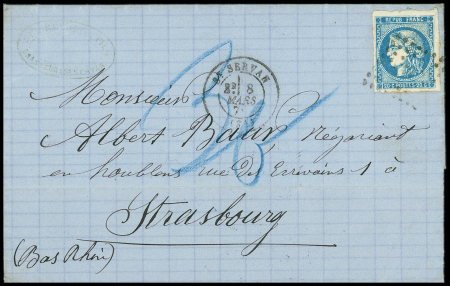 N°46 OBL GC 3855 + T17 "St Servan (34)" (8 mars 1871) sur lettre pour Strasbourg avec taxe 30 au crayon bleu. TB