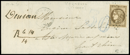 N°47, 30c brun OBL GC 4329 + T16 "Vouneuil-s-Vienne (80)" (avril 1871) sur lettre pour sainte-Marie aux Mines avec taxe 30 double-trait en bleu. TB