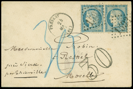 N°37 en paire OBL GC 1593 + T16 "Frevent (61)" (24 mai 71) sur lettre pour Rethel avec taxe 30 au crayon bleu et taxe 30 double trait en noir. TB