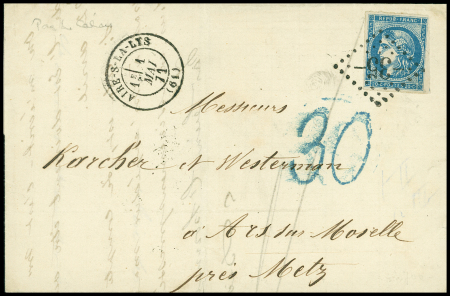 N°45 OBL GC 35 + T17 "Aire-s-La Lys (61)" (1 mai 71) sur lettre pour Ars sur Moselle avec taxe allemande 30 en bleu. TB