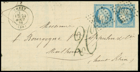 N°37 en paire OBL GC 3942 + T17 "Thizy (68)" (24 aout 71) sur lettre pour Mulhouse avec taxe allemande 20 en noir. TB
