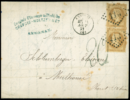 N°28 en paire OBL GC 113 + T16 "Annonay (6)" (24 aout 71) sur lettre pour Mulhouse avec taxe allemande 20 en noir (SPAL n°15E). TB