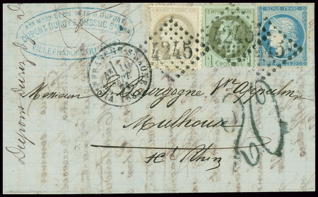 N°25 + 27 + 37 OBL GC 1386 + T17 "Villefranche-s-Saone (68)" (10 sept 71) sur lettre avec taxe allemande 20 en noir (SPAL n°15A) pour Mulhouse