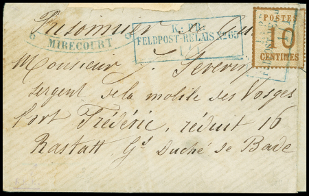 Alsace n°5 OBL CAD rect bleu "K. PR. Feldpost-relais n°65" (1.1.71) sur lettre avec cachet de fortune ovale bleu "*Mirecourt*" sur lettre pour Rastatt. Rare association