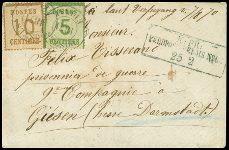Alsace n°4 + 5 OBL cachet provisoire noir "Postes épinal 1871" à côté CAD rect bleu "K. PR. Feldpost-relais n°66 (25.2.1871 - Epinal) sur lettre pour un prisonnier français à Guesen (près Darmstadt). TB