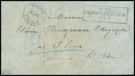 Lettre non affranchie avec cachet provisoire "Postes Epinal 1871" + CAD rect bleu "K. PR. Feldpost-relais n°66" (18.3.71 - Epinal) sur lettre pour Saint-Louis (Haut-Rhin) avec taxe 25 au crayon bleu car non affranchie. T
